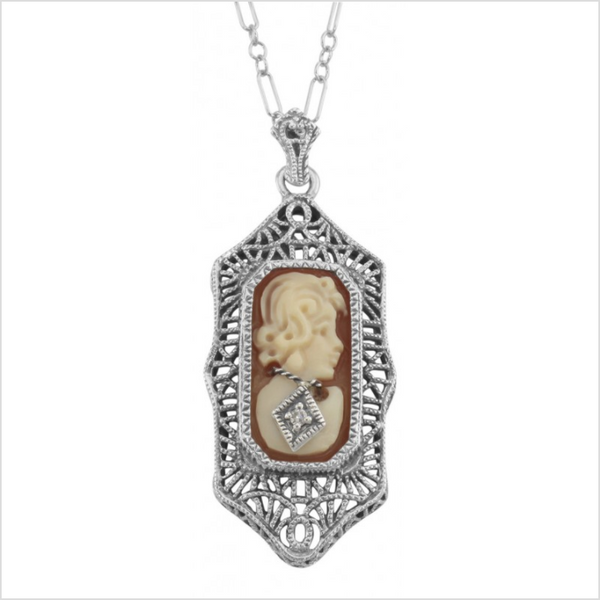 Sterling Cameo and Diamond Necklace