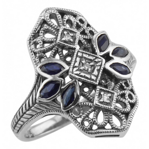 Sterling Sapphire & Diamond Filigree Ring