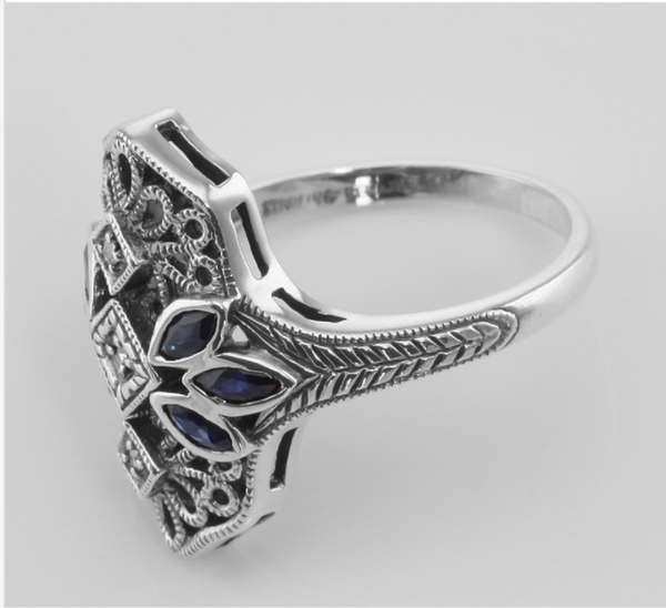 Sterling Sapphire & Diamond Filigree Ring