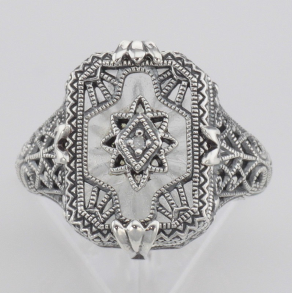 Sterling Camphor Glass Crystal Filigree Diamond Ring