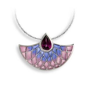Sterling Purple Plique-a-Jour Art Deco Enamel Fan & Rhodolite Garnet Necklace