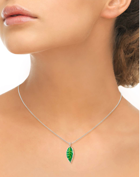 Sterling Silver Green Enamel Elm Leaf Necklace