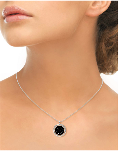 Sterling Silver Black Enamel Night and North Star Necklace with Black Sapphires