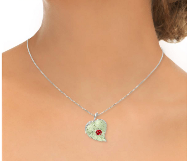 Sterling Silver Green Enamel Ladybug Necklace with White Sapphires