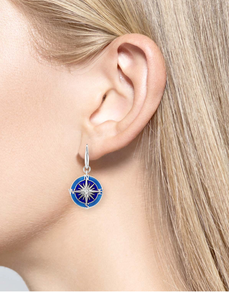 Sterling Silver Blue Enamel Compass Wire Earrings with White Sapphires