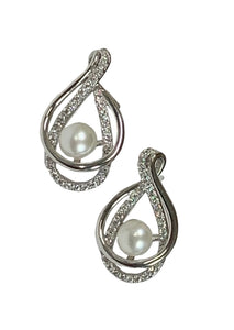 Sterling Silver Fresh Water Button Pearl & Cubic Zirconia Loop Post Earrings