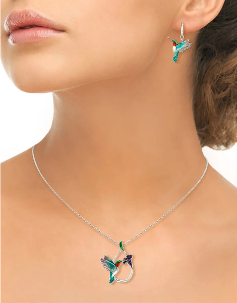 Sterling Silver Turquoise Enamel Hummingbird Necklace