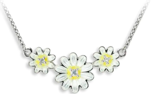 Sterling Silver White Daisy Cluster Enamel & White Sapphire Necklace