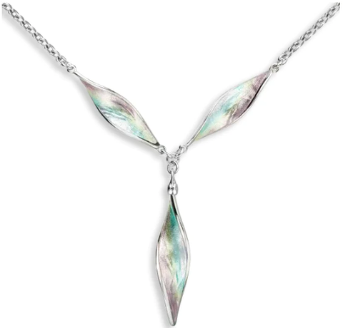 Sterling Silver 3-Green Aurora Marquise Enamel Necklace