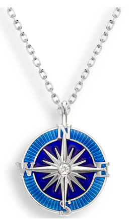 Sterling Silver Blue Enamel Compass Necklace with White Sapphires