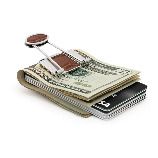Stainless Steel/Brown Leather Bill Binder - Money Clip & Credit Card Holder