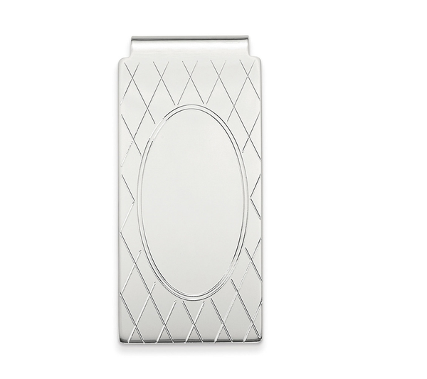 Rhodium Finish Hinged Money Clip with Criss-Cross & Oval Center