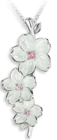Sterling Silver White Enamel & Pink Sapphires Cherry Blossom Necklace