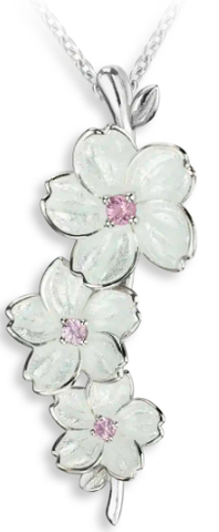 Sterling Silver White Enamel & Pink Sapphires Cherry Blossom Necklace
