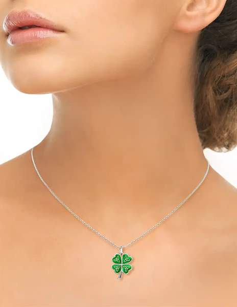Sterling Silver Green Cloverleaf Celtic Cross Enamel Necklace