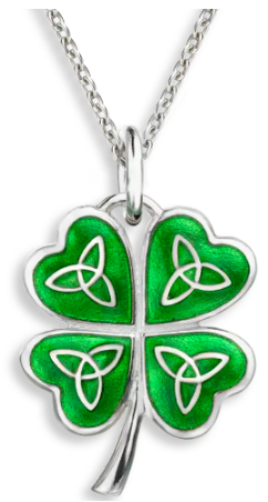 Sterling Silver Green Cloverleaf Celtic Cross Enamel Necklace