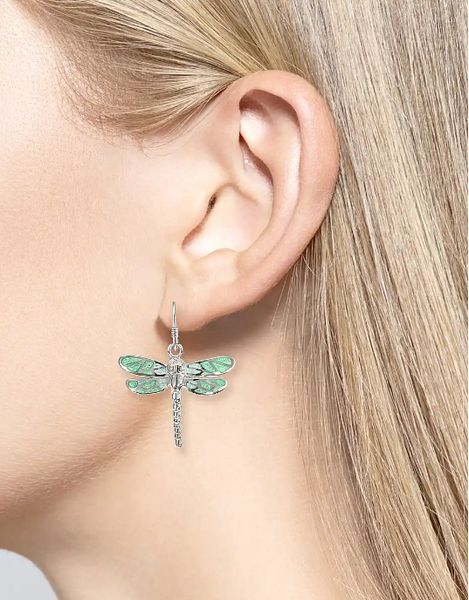 Sterling Silver Green Enamel Dragonfly Wire Earrings