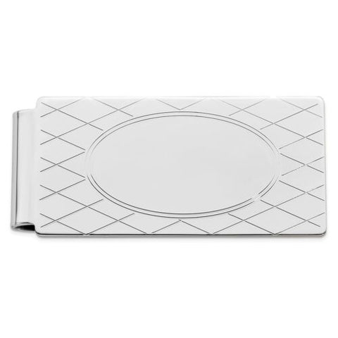 Rhodium Finish Hinged Money Clip with Criss-Cross & Oval Center