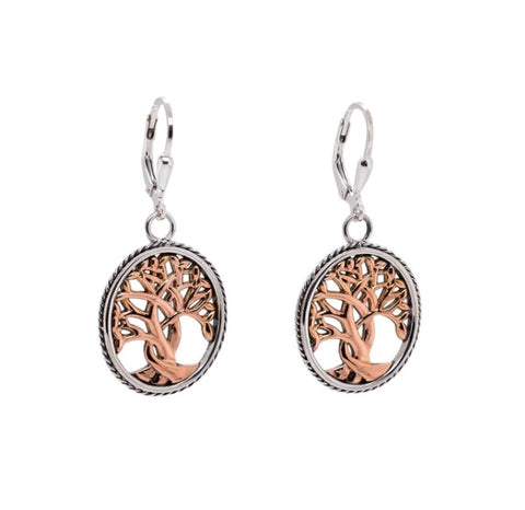 Sterling Silver and 10K Rose Gold Tree of Life Earrings